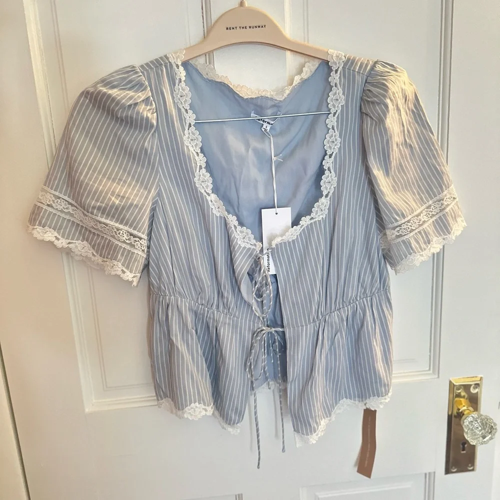 Reformation Light Blue & White Striped Lace-Trim Peplum Blouse